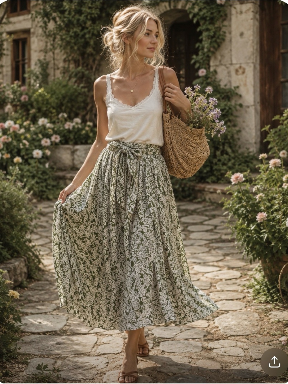 Fat Face Green Floral Midi Skirt